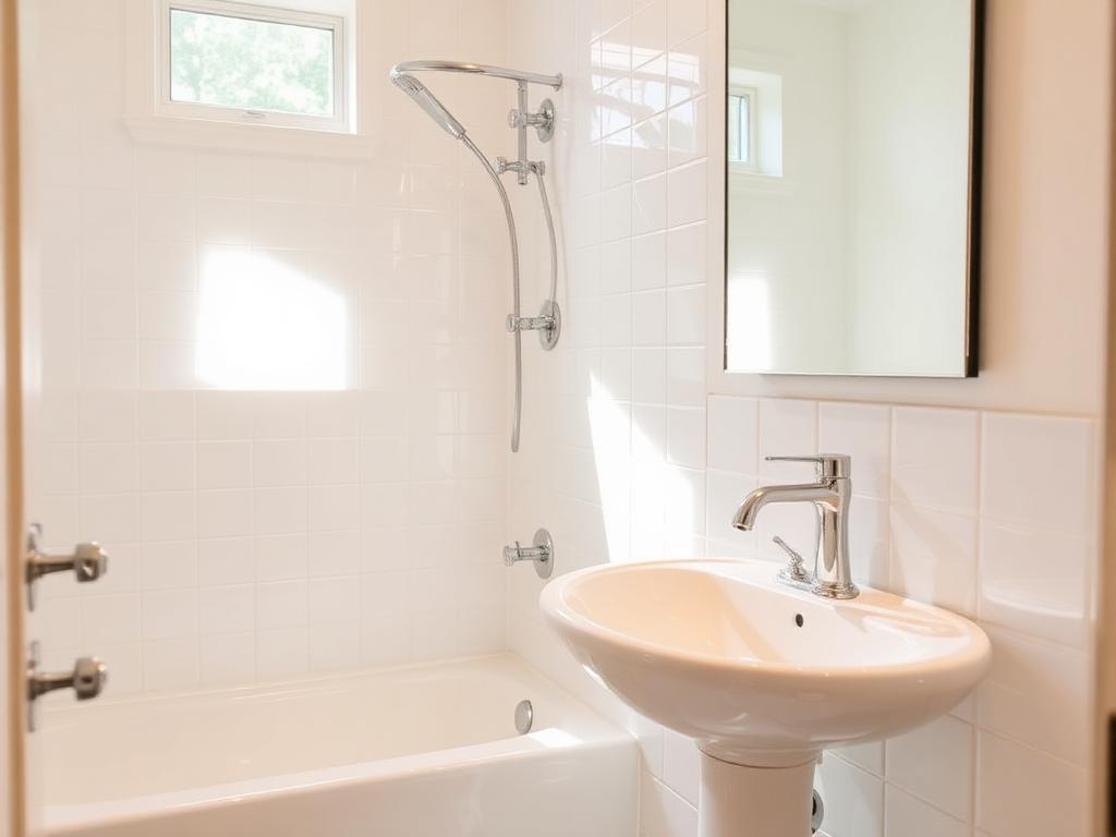 Freshly sanitized bathroom with polished chrome fixtures and clean tile